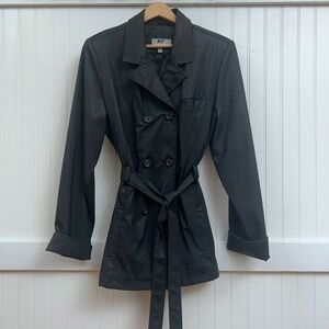 Marcelle Renee Black Double Breasted Trench Coat Belt Classic Style Rain Jacket